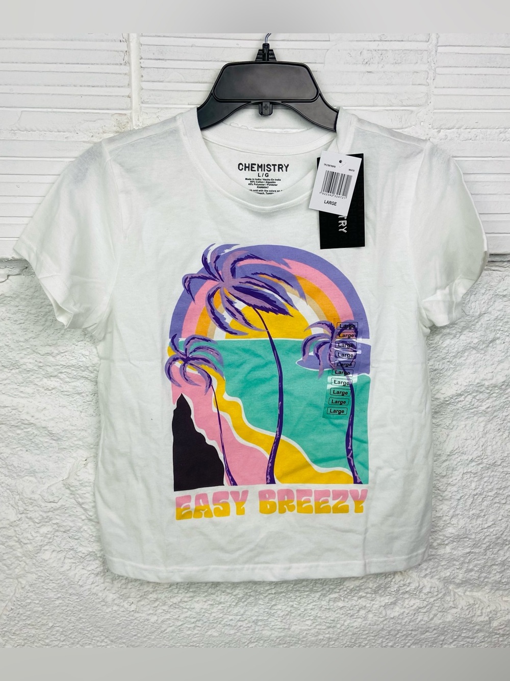 Chemistry White Tee with Purple, Pink, Teal & Yellow easy breezy Sunset Graphic